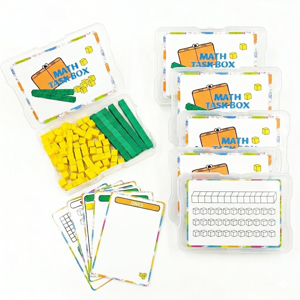 Math Task Boxes Set of 5 Math Manipulatives Themes 230+ Pieces of Number Rods, Base Ten Blocks, Ten Frame Disc Counters, Place Value Blocks, 0-9 Numbers, 3D Shapes, Activity Cards (Base Ten Blocks)