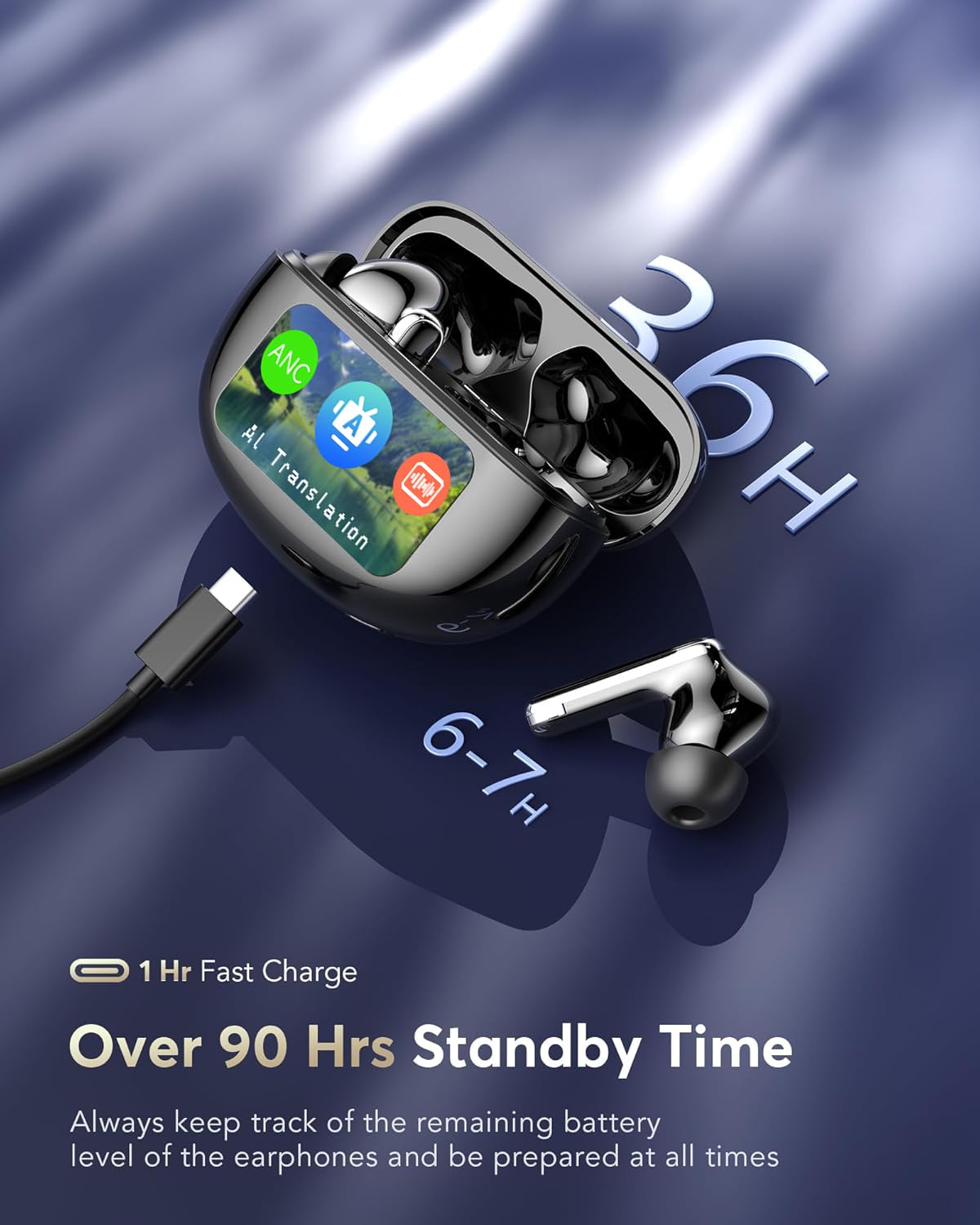 AI Translation Earbuds Real Time,199 Language Translator Earbuds,Bluetooth 6.1 Audifonos Traductores Inglés Español,4 ANC Mic Translating Device,Translate Ear Buds for Travel Learning with LCD Touch
