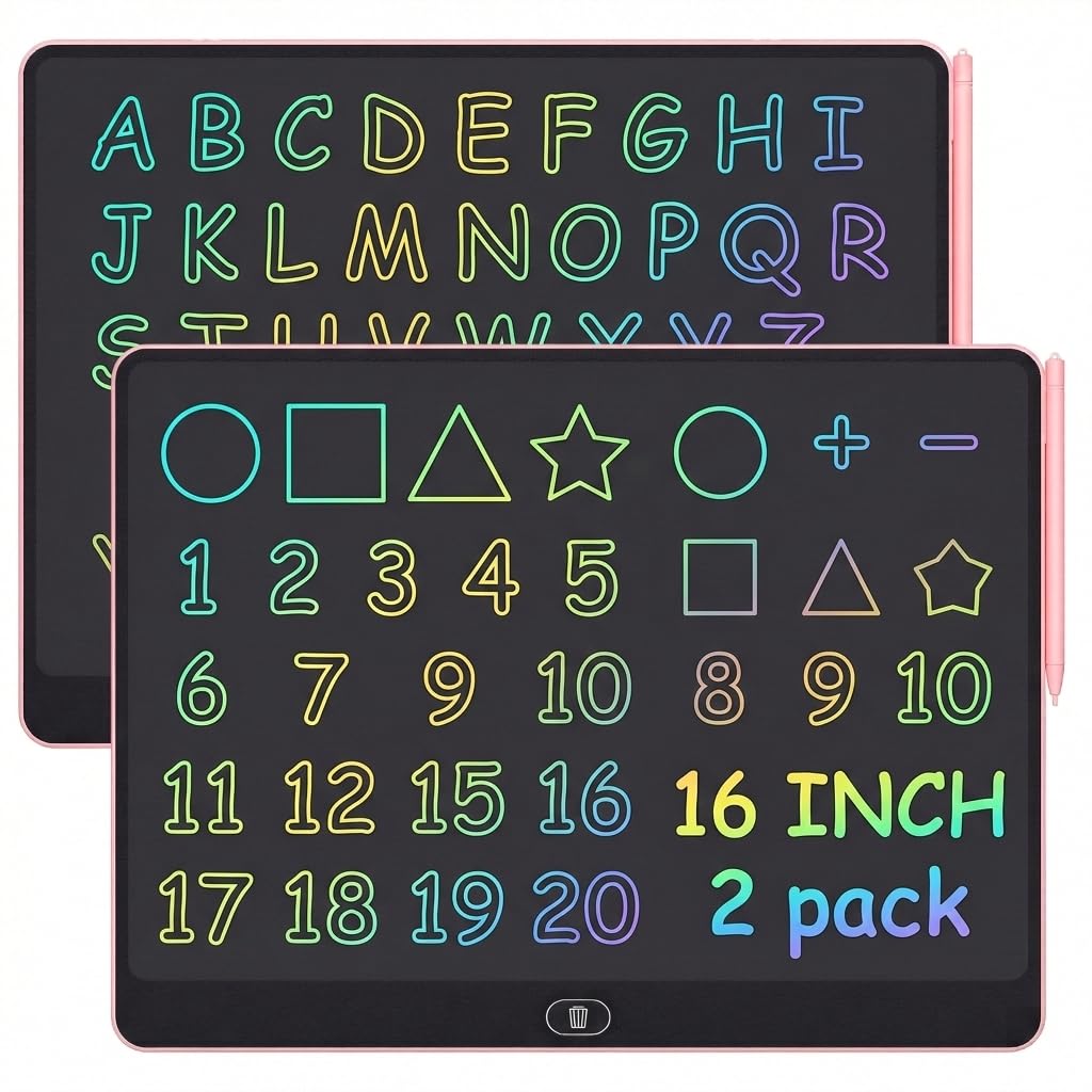 16 Inch LCD Writing Tablet for Kids 2 Pack, Large Drawing Board Doodle Pad, Colorful Screen Erasable Sketch Tablet, Travel Toys and Reusable Learning Gift for Boys Girls (Pink)