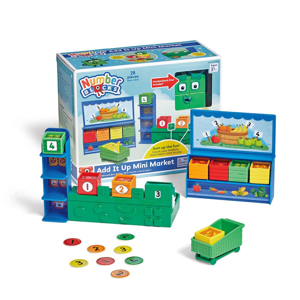 hand2mind Numberblocks Add It Up Mini Market, Grocery Store Playset, Math Toys for Kids 3-5, Counting Toys, Learning Money, Numbers for Toddlers, Mini Shopping Cart, Pretend Play Figure Playset