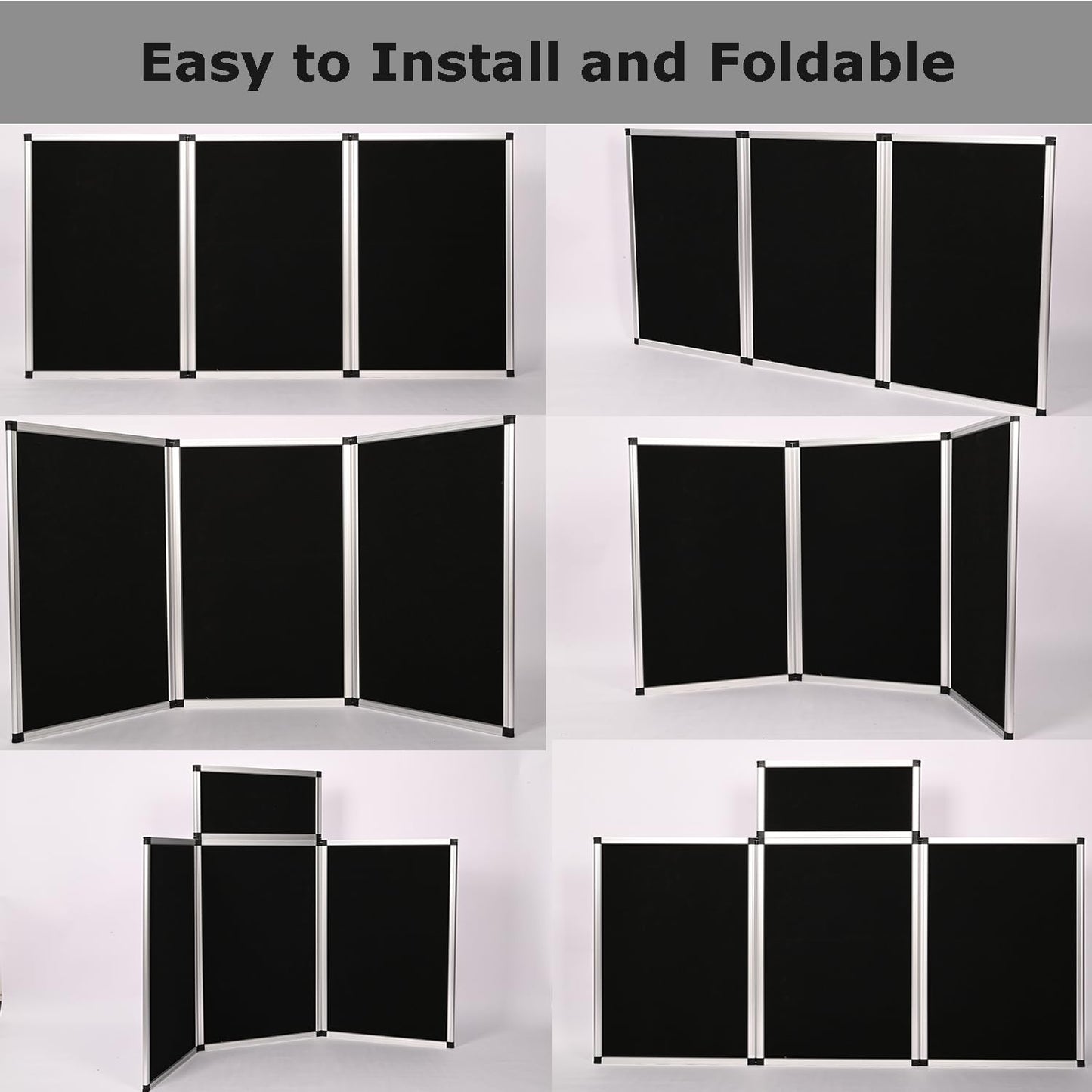 ISXACFF 3+1 Panel Trade Show Presentation Board 70.8“ x 35.4” Black Trifold Poster Board Folding Exhibition Display Boards Double Sided Tabletop Display with Storage Bag Hook & Loop-Receptive Fabric