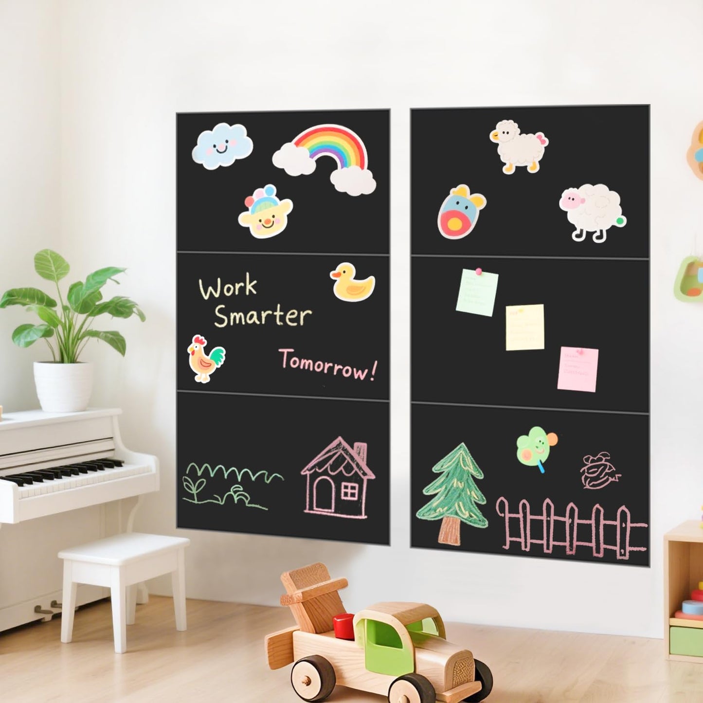 OMKSIH Magnetic Chalkboard Wall Decal Black Set of 6 Peel and Stick Magnet Sheets with Tangram Puzzle and Multiple Accessories Magnetic Chalkboard for Home Playroom and Classroom