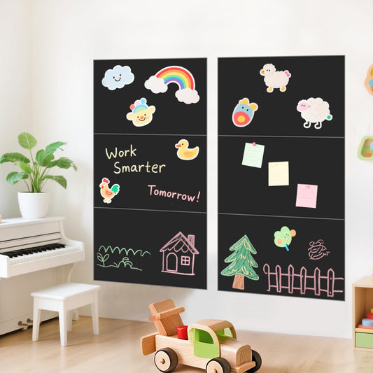 OMKSIH Magnetic Chalkboard Wall Decal Black Set of 6 Peel and Stick Magnet Sheets with Tangram Puzzle and Multiple Accessories Magnetic Chalkboard for Home Playroom and Classroom