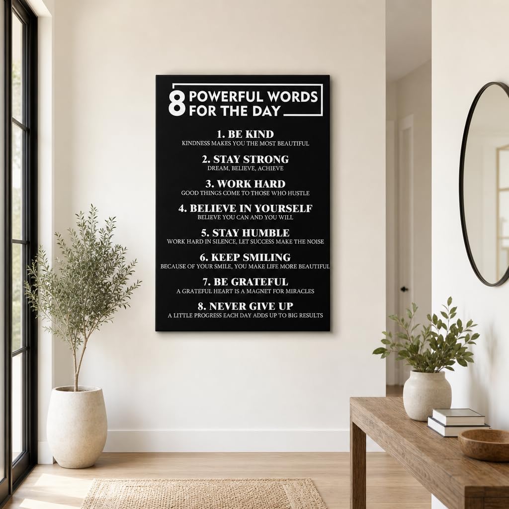 PJQART 8 Powerful Words for the Day Inspirational Framed Canvas Wall Art, Black and White Quote Poster with Uplifting Phrases for Home Office, Dorm Room, or Classroom Decor, 24x18 Inch
