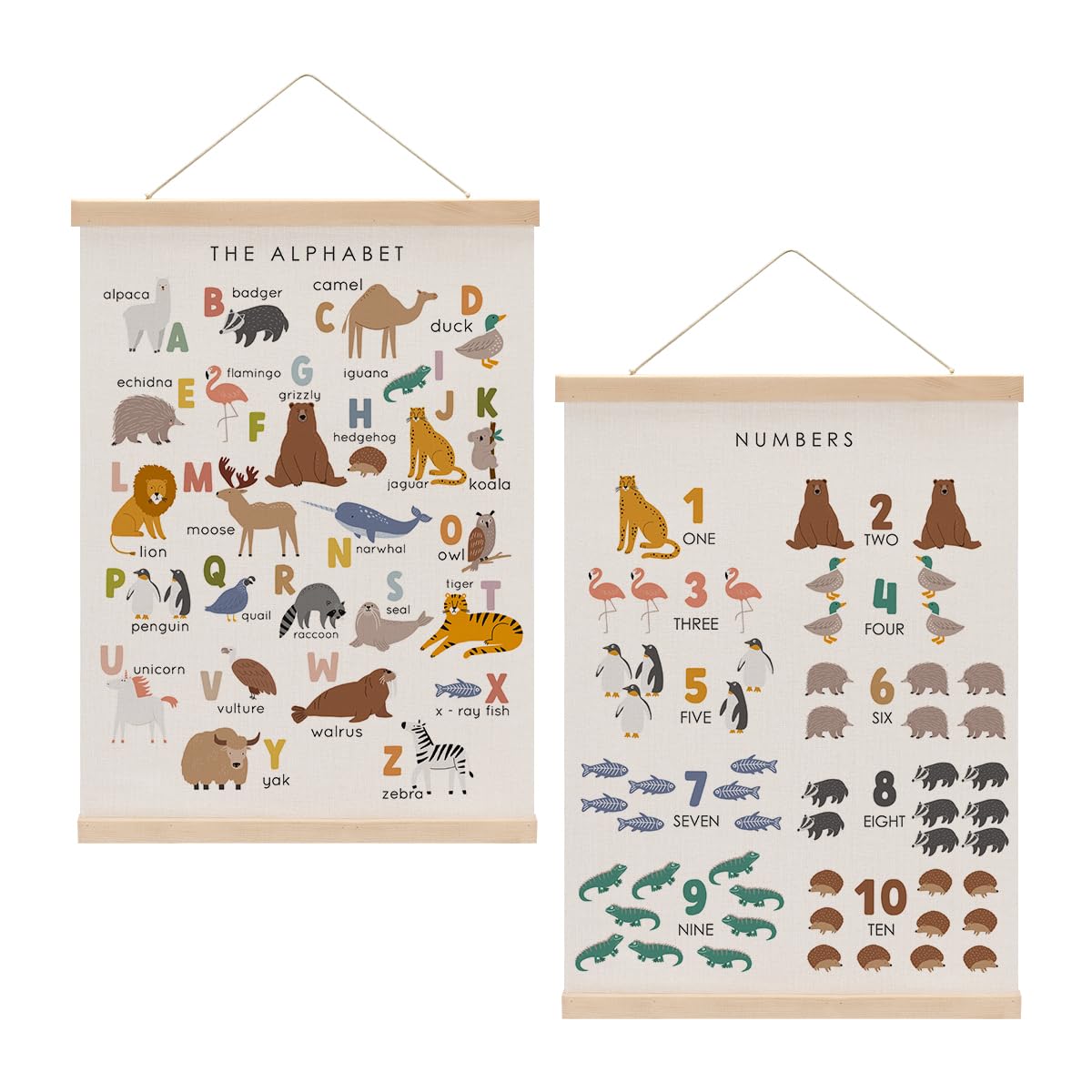 Cute Animal Number Chart Alphabet Poster Hanger, ABC Chart Wall Decor, Toddler Learning Posters, Educational Posters Homeschool Supplies, Wall Art Wall Hanging Banner Home Baby Room Nursery Decor