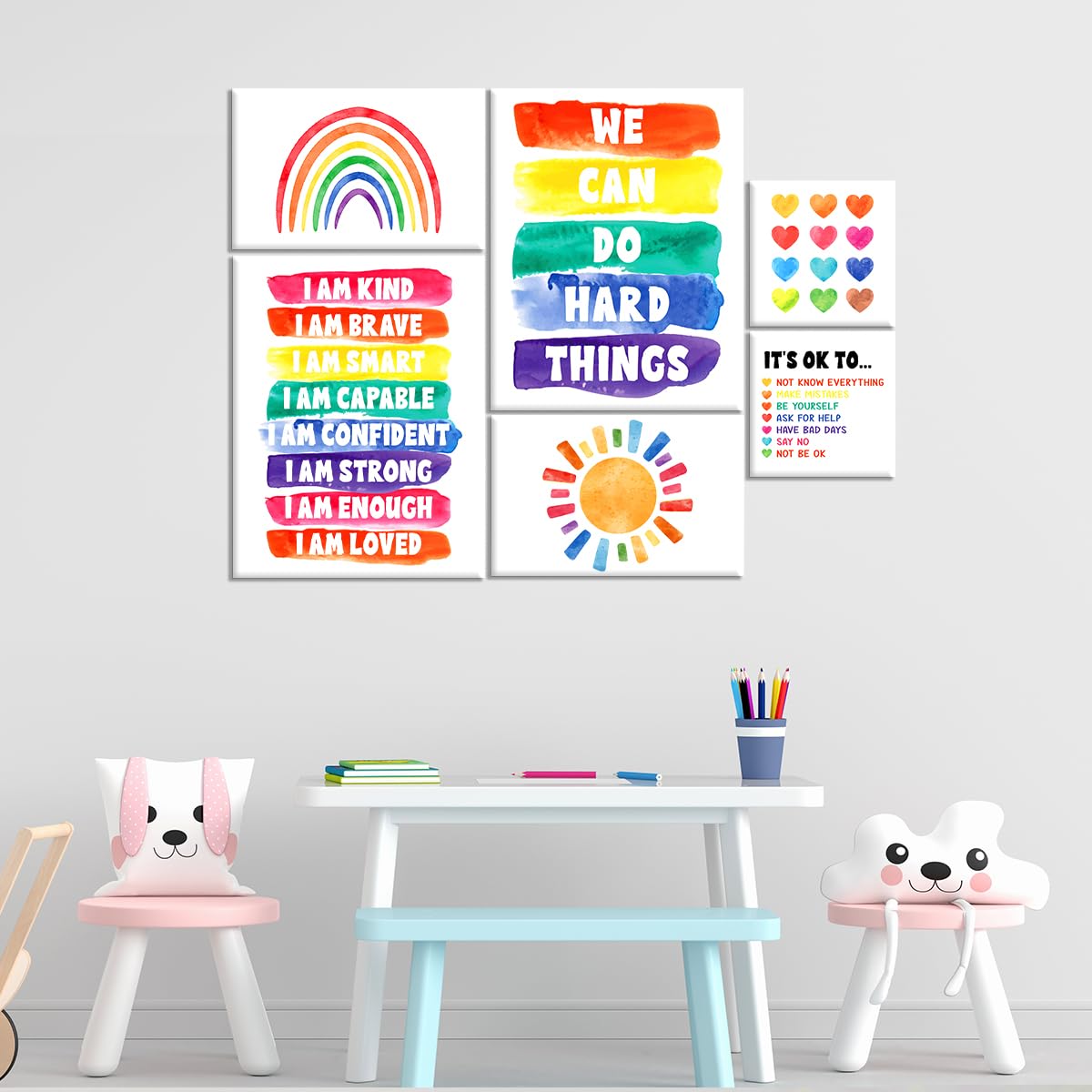 Kids Affirmation Wall Decor,Colourful Positive Daily Affirmations Wall Art Canvas Frame Poster Print for Kids Bedroom Nursery Classroom Playroom Wall Decor,Set of 6