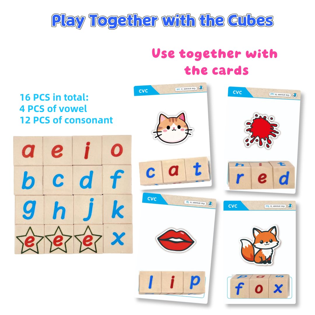 Magnetic CVC Letter Cubes Writing Boards Set. 32 Magnet ABC Blocks, 2 Magnetic Spelling Boards, 100 Word Building Cards, CVC/CVCC Literacy Spelling Reading Alphabet Manipulative Phonemic Awareness
