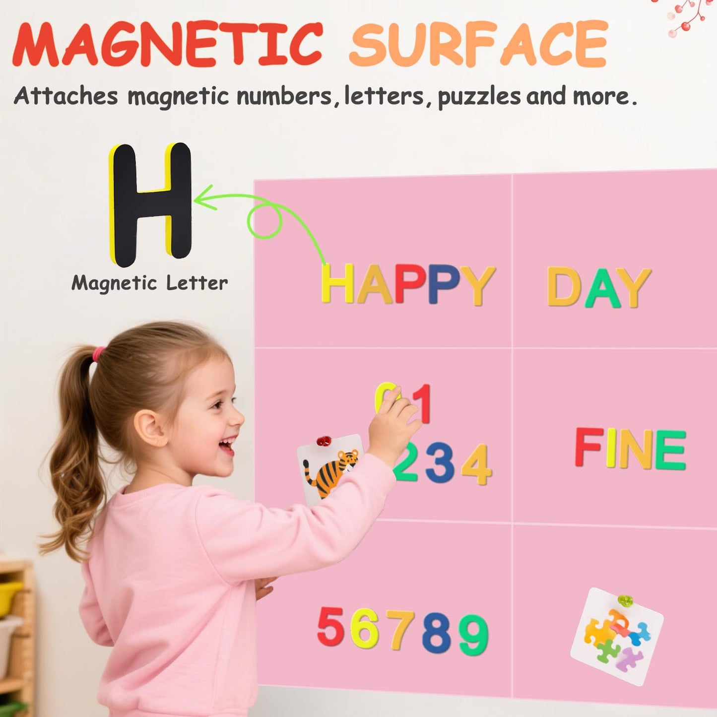 OMKSIH Magnetic Chalkboard Wall Decal Pink Set of 6 Peel and Stick Magnet Sheets with Chalk Tangram Puzzle and Multiple Accessories Magnetic Chalk Boardfor Home Playroom and Classroom