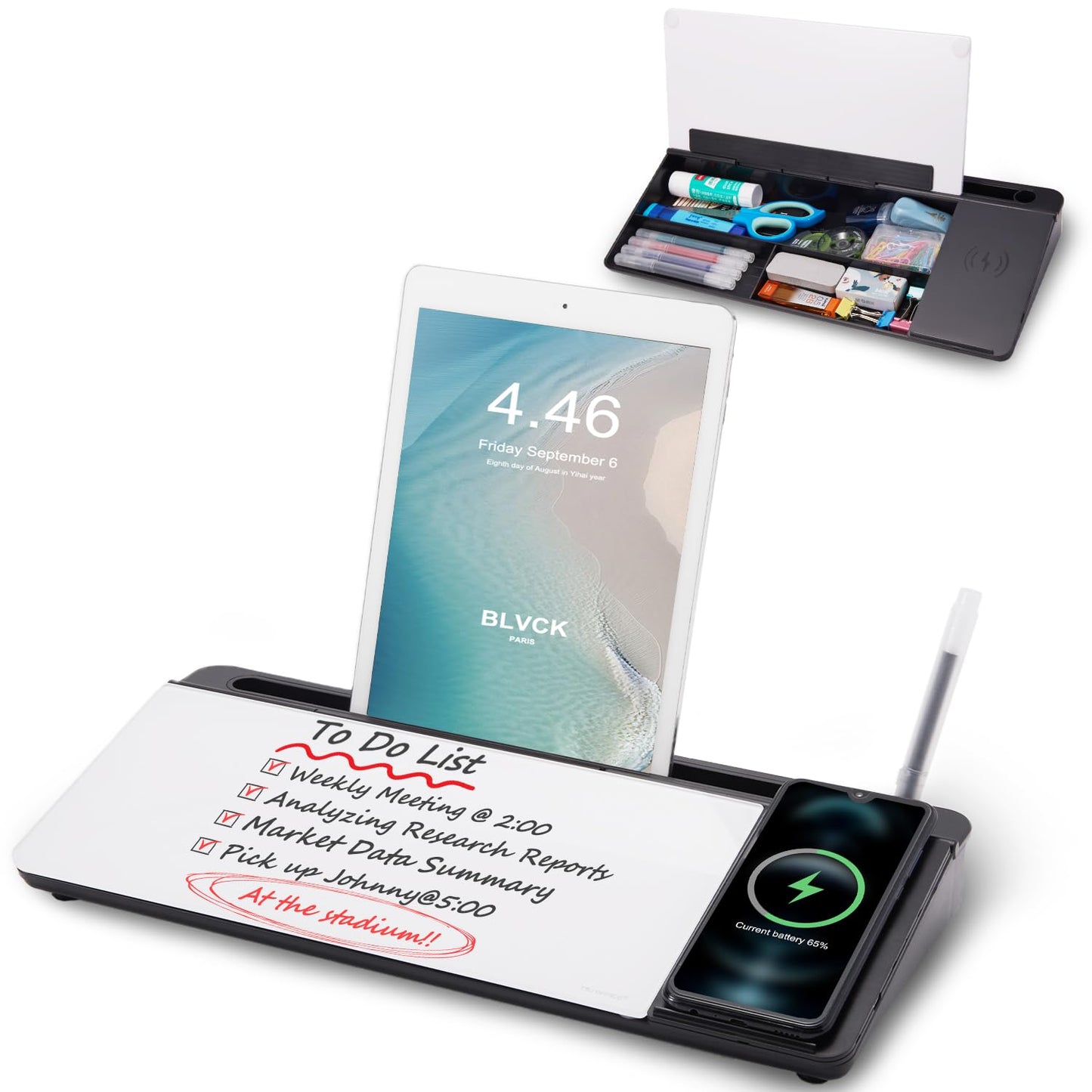 Small Glass Desktop Whiteboard Dry-Erase-Board - Computer Keyboard Stand with Wireless Charger White Board Surface Pad with Drawer, Desk Organizers with Accessories for Office, Home, School Supplies
