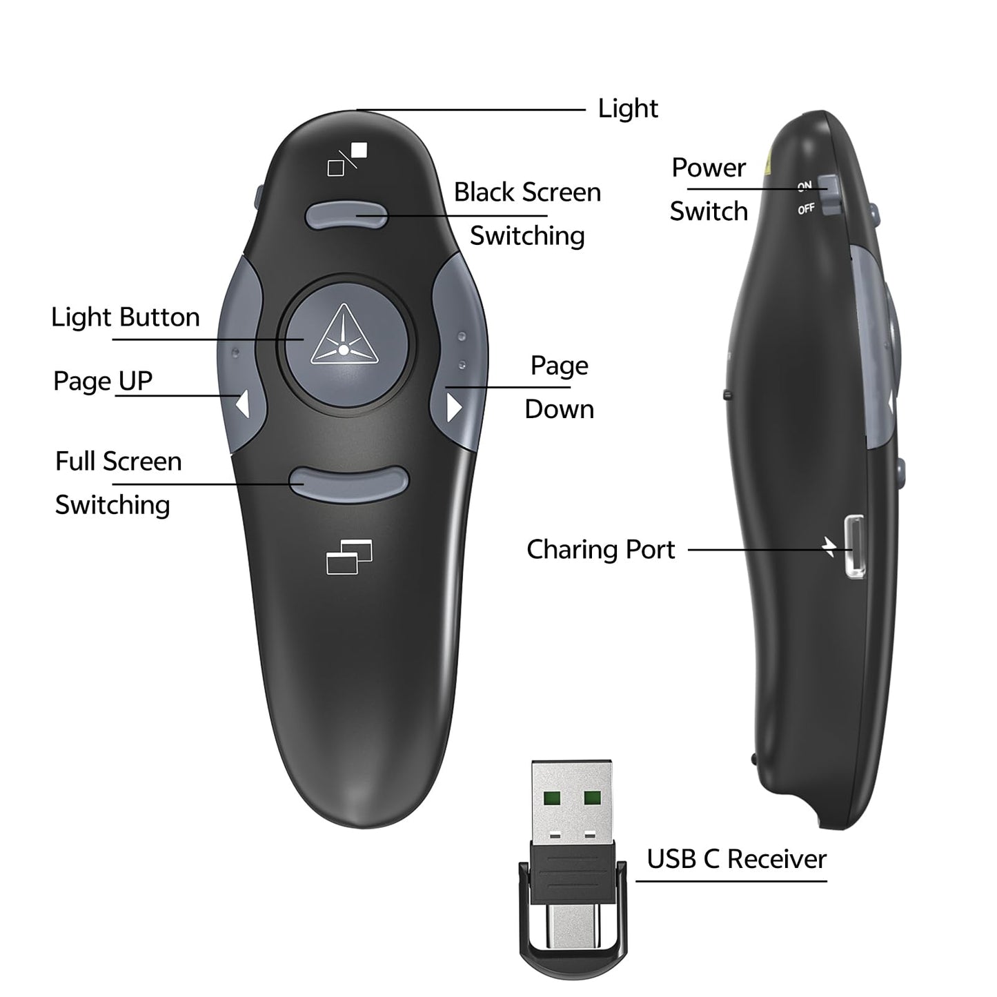 [4 Units] Presentation Clicker with 4 Cases: PowerPoint Wireless Presenter Remote USB Type C Rechargeable Red Laser Pointer Clickers Computer Project Mac PPT Slideshow Google Slide Advancer