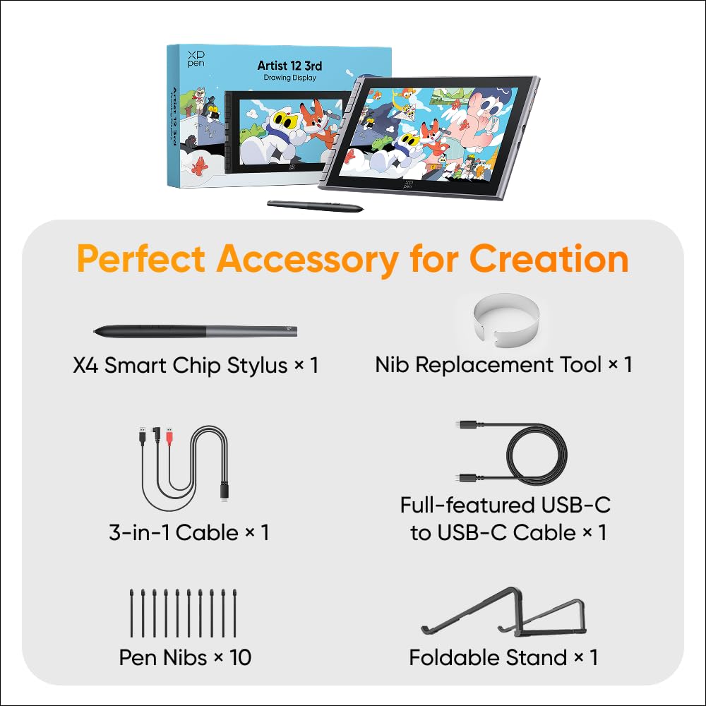 XPPen Artist 12 3rd 11.9" Drawing Tablet with Screen - 16384 Pressure X4 Chip Stylus, 99% sRGB Pro Gamut with OSD, Full-Laminated Anti-Fingerprint Etched Glass, for Android PC Professional Art