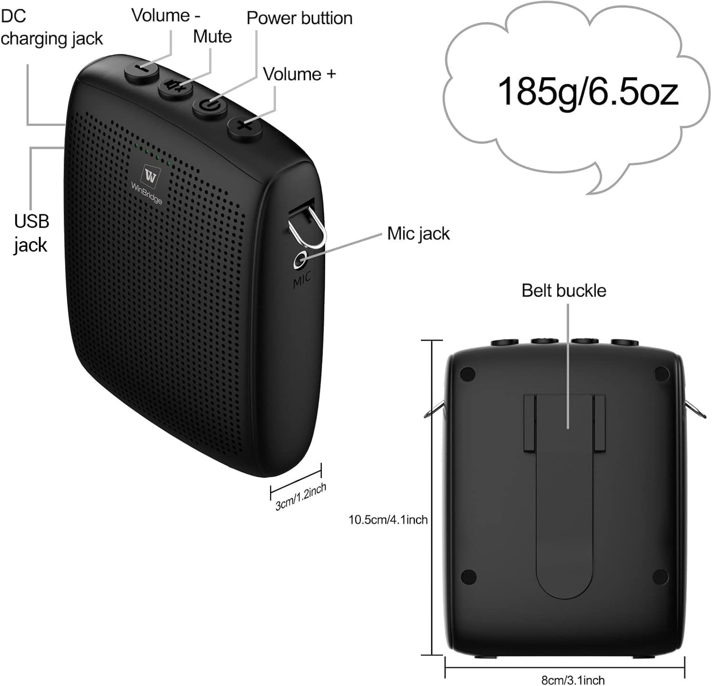 WinBridge Voice Amplifier with Bluetooth, Portable Speaker and Microphone Set, Wireless Mic Headset Speaker for Teachers, Tour Guide, Public Speaking, Fitness Instructors, Features Mute, 15W WB002