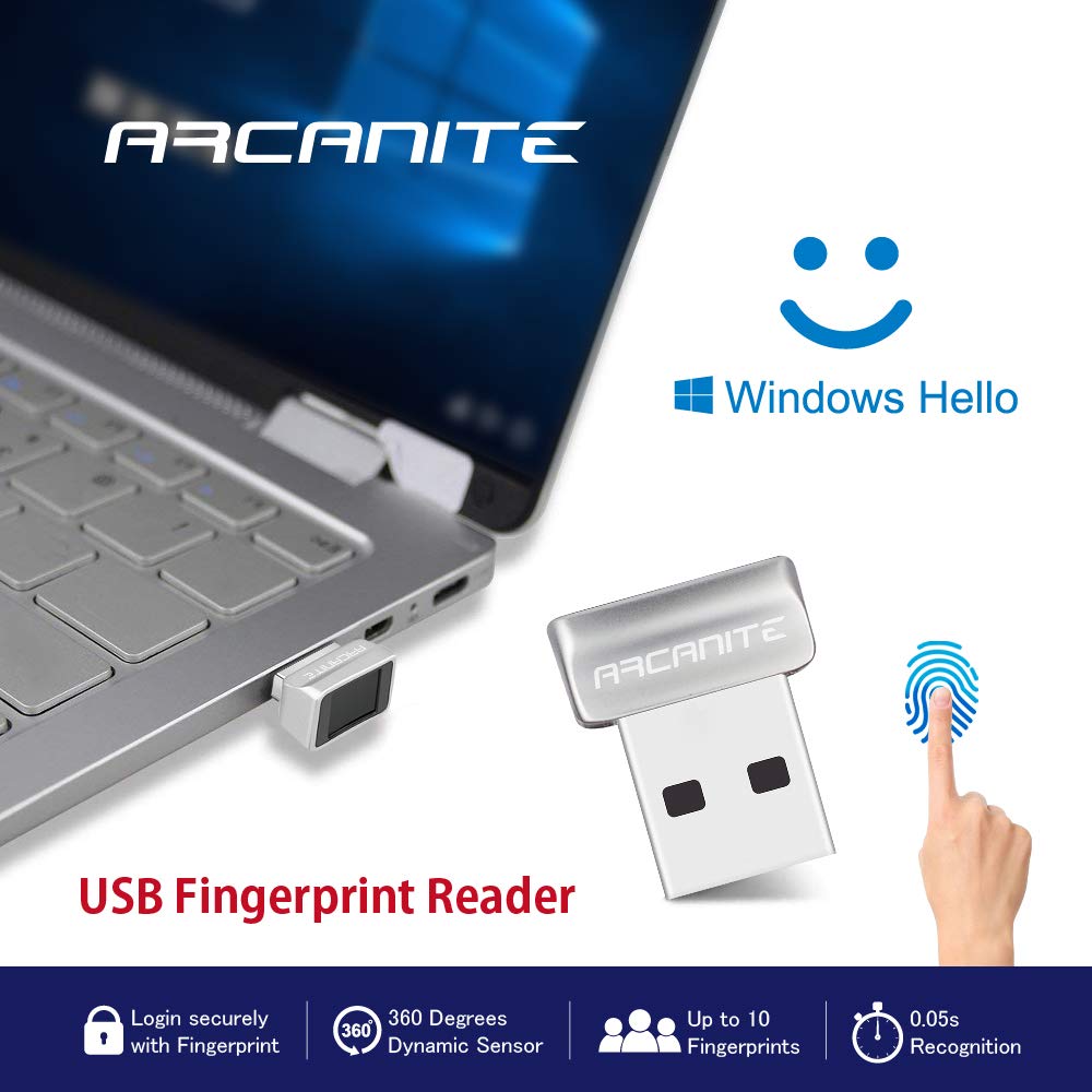 ARCANITE USB Fingerprint Reader for Windows 10 Hello, 0.05s 360-Degree Sensor Security Device, AKFSD-07