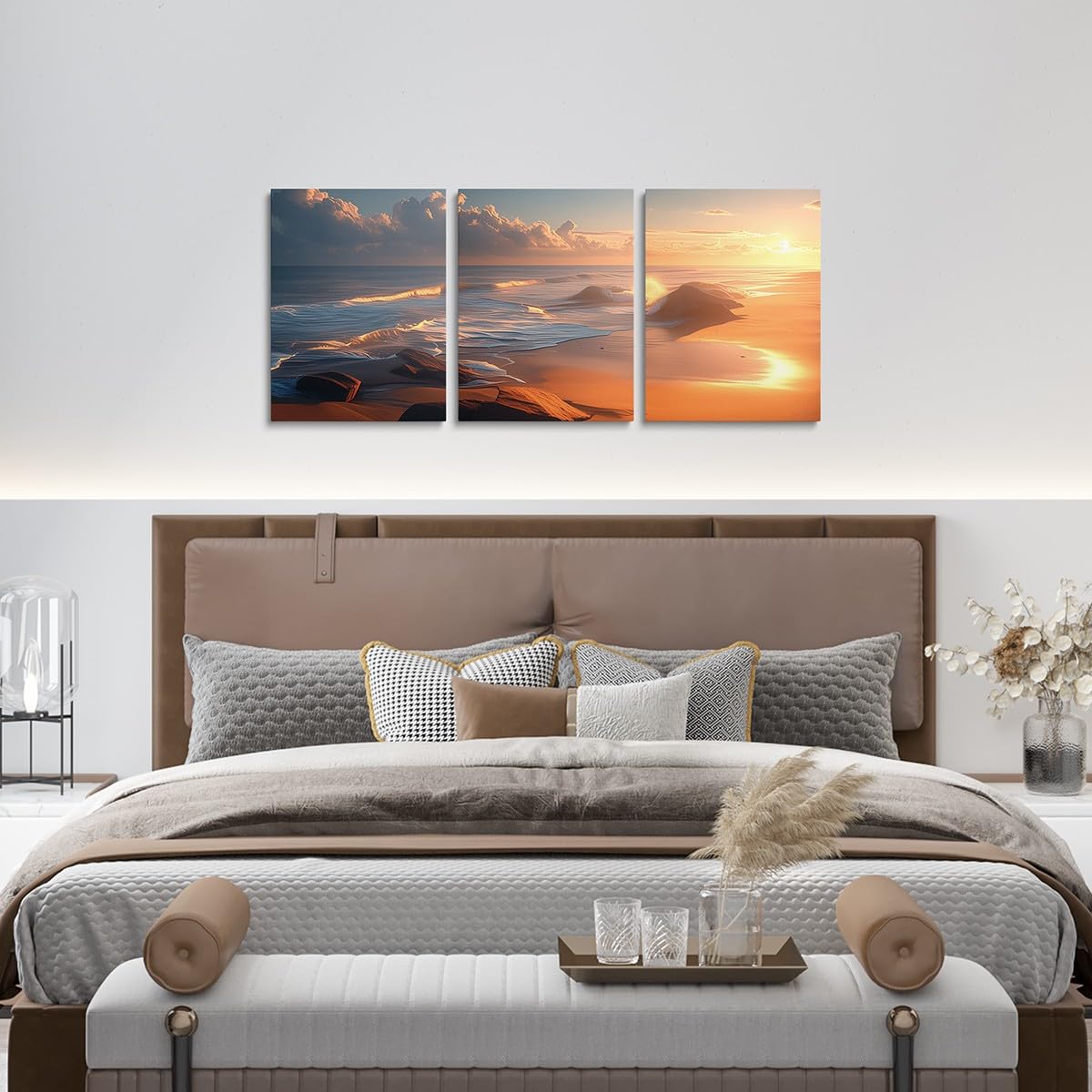 Wave Print Canvas Wall Art Set of 3 for Living Room Bedroom, Sunset Scenery Paintings Wall Decor Blue Beach Wall Art Rustic Farmhouse Poster Prints Ocean Sea Wave Decor Artwork Prints