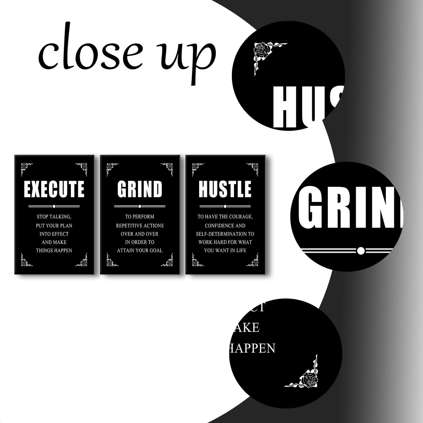 YSPCSUN 3 Panel Inspirational Wall Art for Office Walls Grind Hustle Execute Canvas Art Black and White Motivational Sign Framed Entrepreneur Life Success Quotes Room Decor Large, 48" x 24"