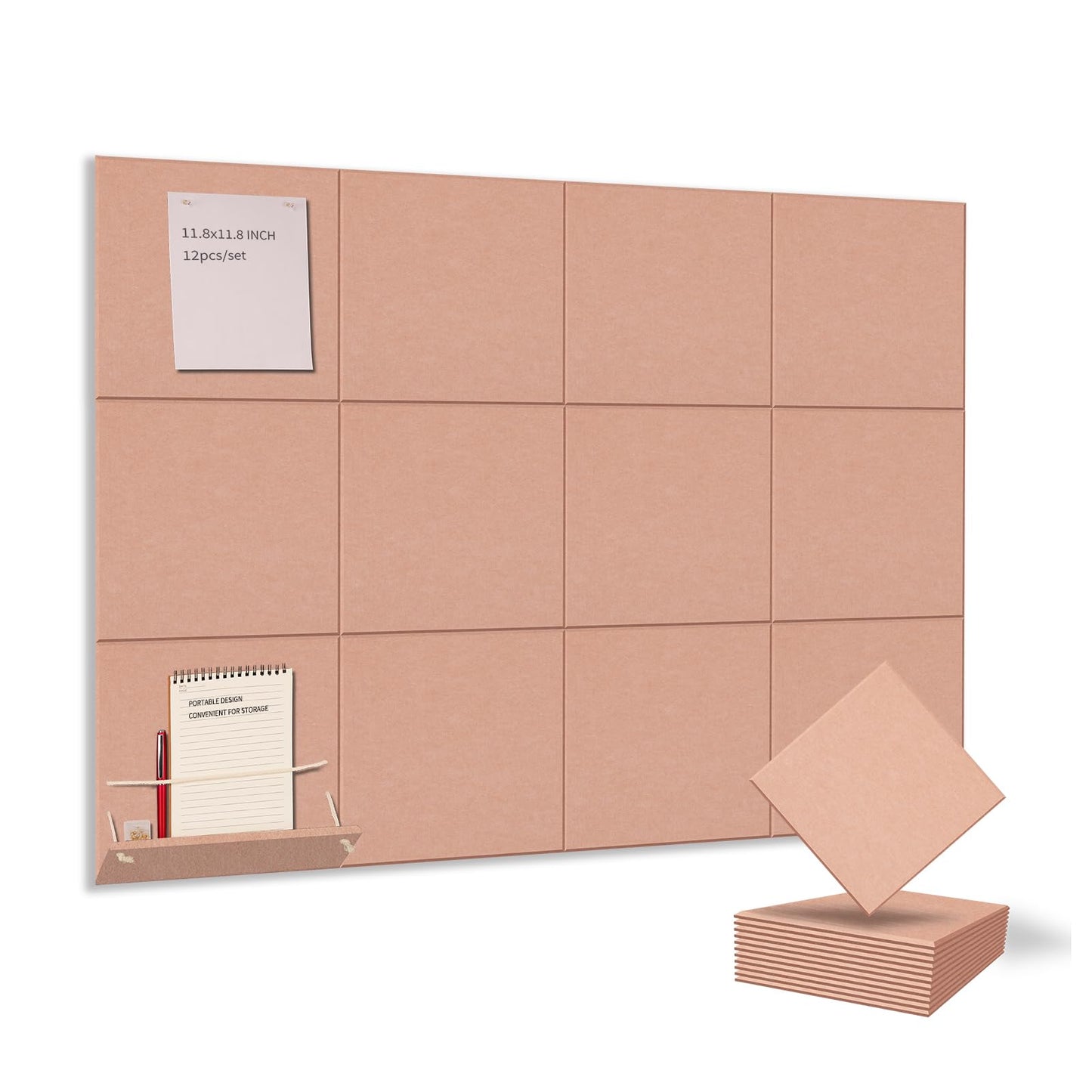 12 Pack Bulletin Boards 48" x 36" Alternative Cork Board for Office,Built-in Storage Device，Large Cork Boards for Walls ， Felt Wall Tiles, Contains Removable Security Stickers and PushPins (F-Pink)