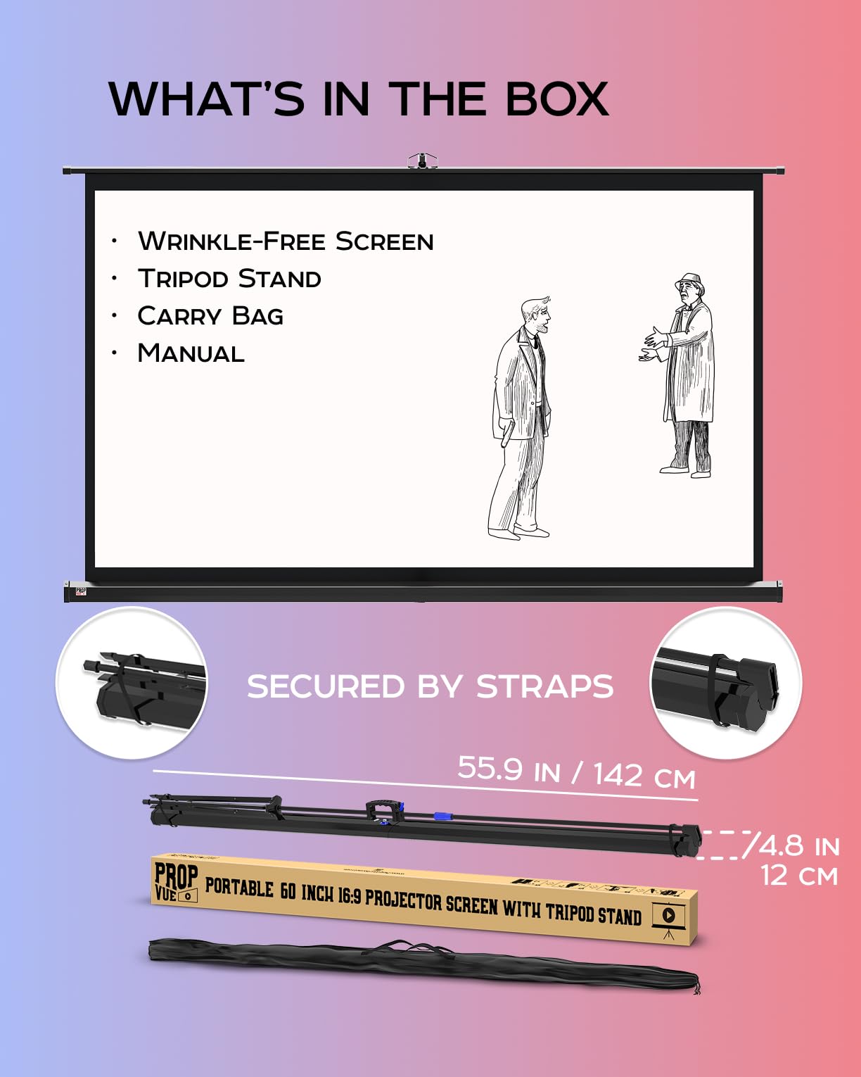 Projector Screen with Stand 60 inch - Indoor and Outdoor Projection Screen for Movie or Office Presentation - 16:9 HD Premium Wrinkle-Free Tripod Screen for Projector with Carry Bag and Tight Straps