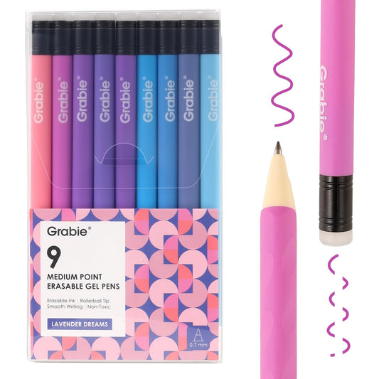 Grabie Erasable Gel Pens, Medium Point 0.7 mm Erasable Pens, Make Mistakes Disappear for Drawing Writing Planner, Pack of 9 Assorted Colors(Lavender Dreams)