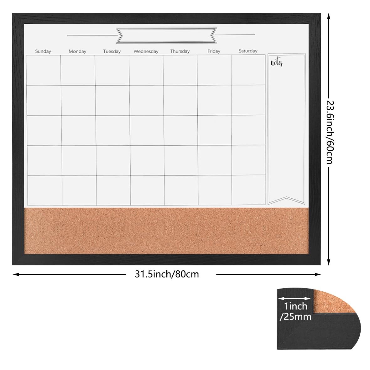 Dry Erase Calendar Whiteboard for Wall, Combination Magnetic Dry Erase White Board & Bulletin Board, 23.6" x 31.5" Wood Framed Calendar/Cork Combo Board(BK-6080)