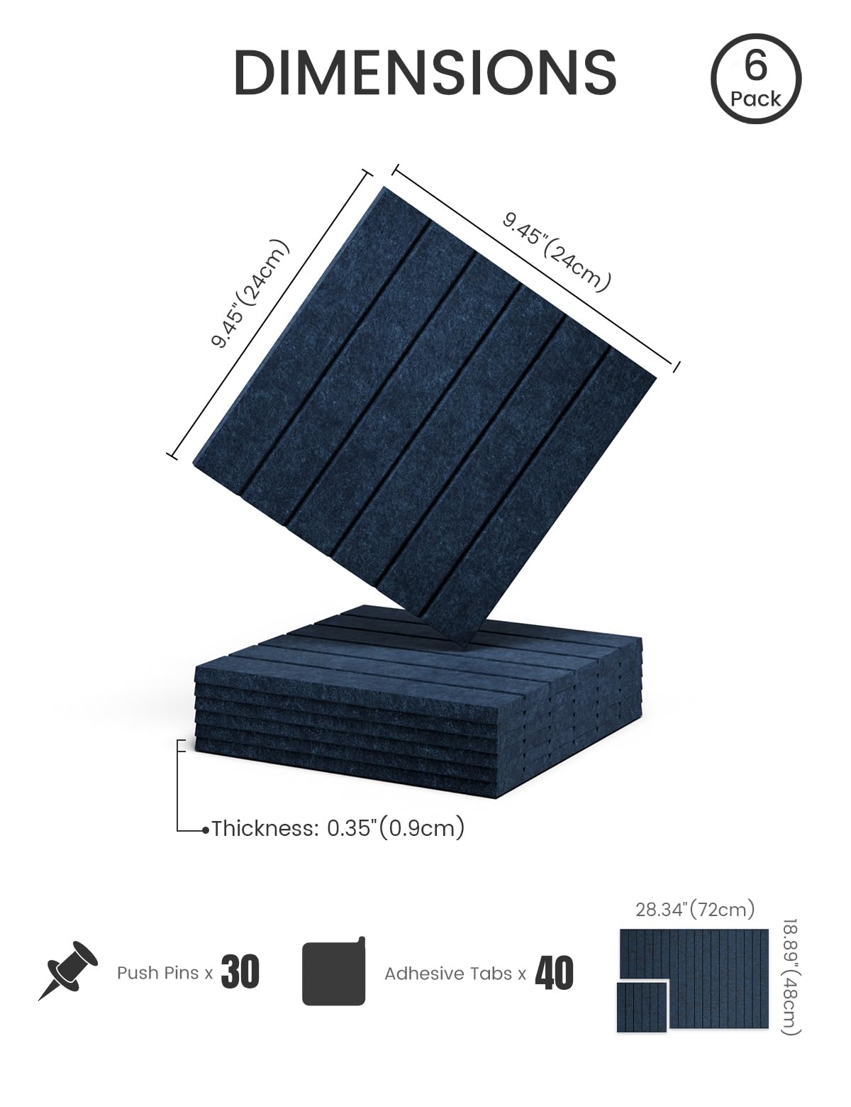 Felt Bulletin Board Tiles -28"x18" with 40 Adhesive Tabs, Cork Board Alternative for Office Decor, Push Pin Board Wall Organizer 6-Pack (Carbon Blue)