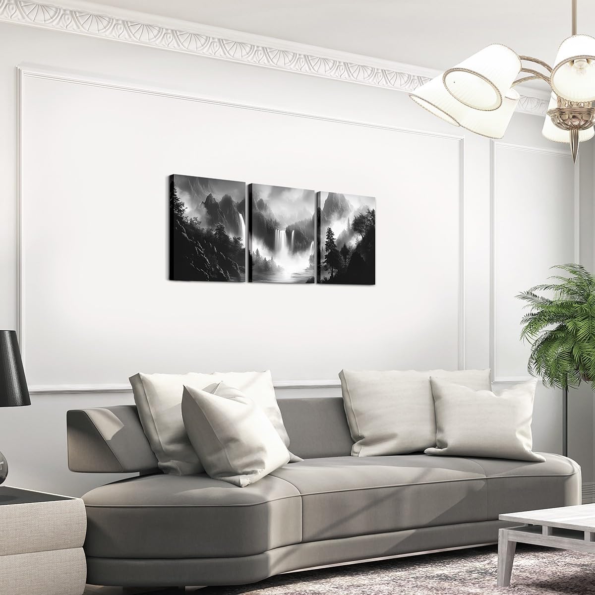 jejeloiu Smoky Mountain Canvas Wall Art for Living Room Bedroom 12"x16"x3pcs Black White Picture Wall Decor for Bathroom Waterfall Tree Office Decorations Artwork Posters Nature Scene Painting
