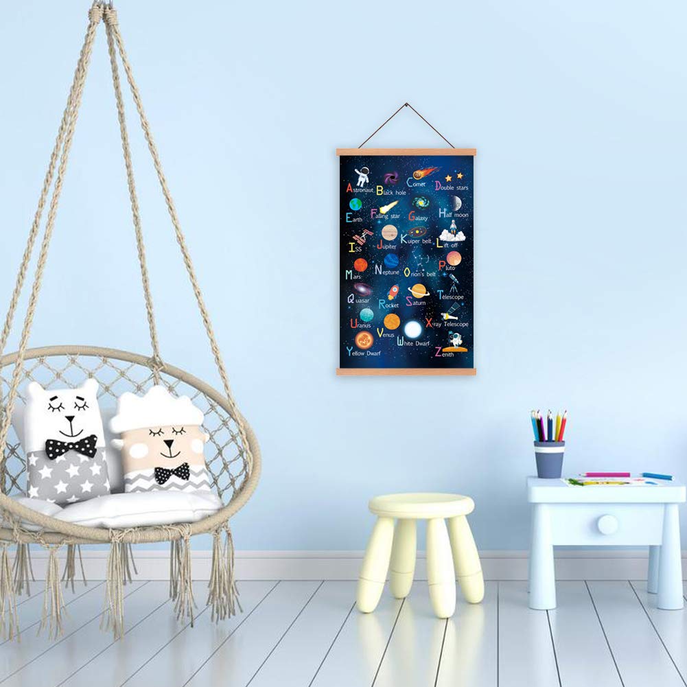 Outer Space Art Print With Wood Magnetic Poster Hanger Frame, Astronomy Alphabet Letters Canvas Wall Art ,Abstract Universe Educational Poster,40X64CM Hanging Painting For Home kids Classroom Decor