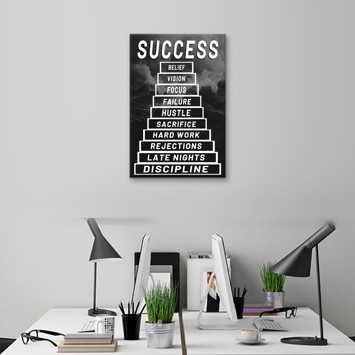 PSYYSP Success Ladder Motivational Wall Art Office Decor Framed Success Quote Canvas Print Inspirational Poster for Entrepreneurs Students Study Room Modern Home Gym Artwork 18x12 Inch