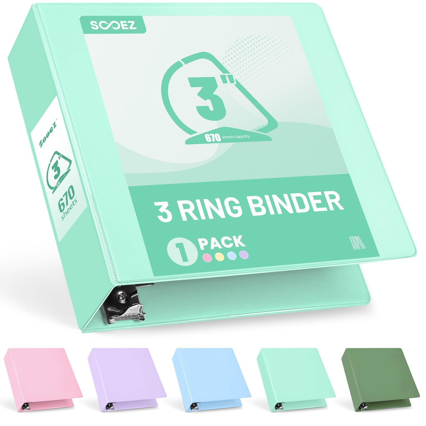 Sooez BinderX Extra Durable 3 Inch 3 Ring Binder, D-Ring Large Binders, Holds 670 Sheets of 8.5x11 Paper, Customizable View Cover with Inside Pockets, Heavy Duty 3 Ring Binder for School, Light Green