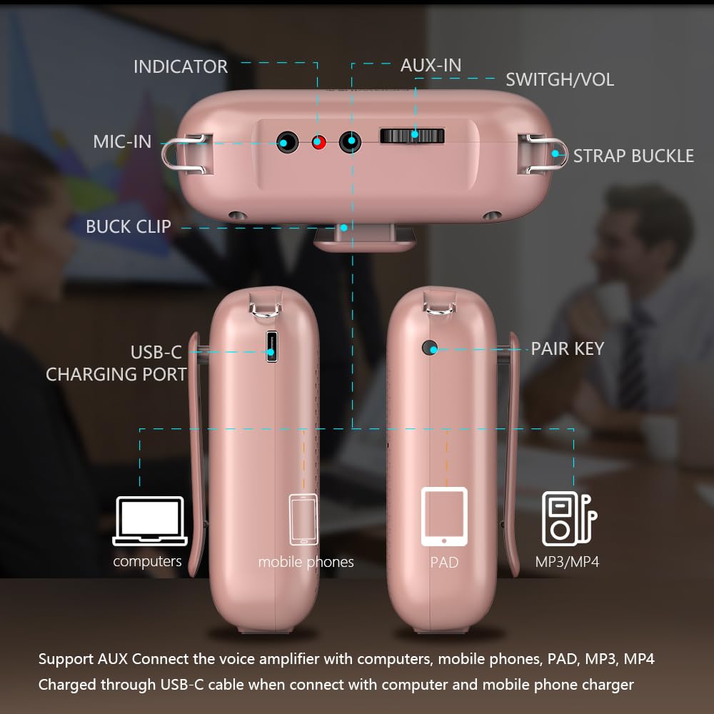 Norwii Bluetooth Voice Amplifier, Power Amplifiers, Portable Mini Wired Microphone Headset for Teacher Classroom & Outdoor Lectures, Teaching, Tour Guides, USB-C Rechargeable - 2000mAh, Rosegold