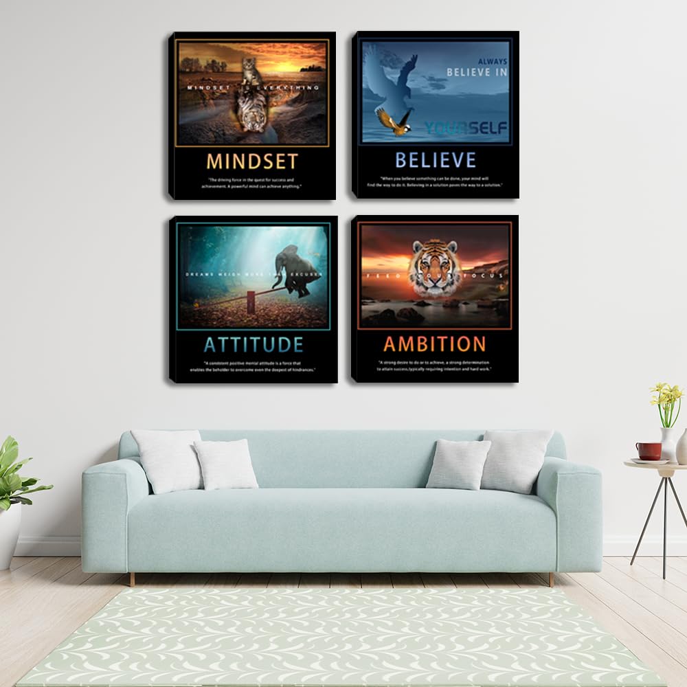 Motivational Wall Art Inspirational Canvas Poster Print Modern Inspiring Entrepreneur Quotes Animals Painting Picture Office Wall Decor Framed Artwork 4 Pieces Living Room Bedroom Workplace Decoration