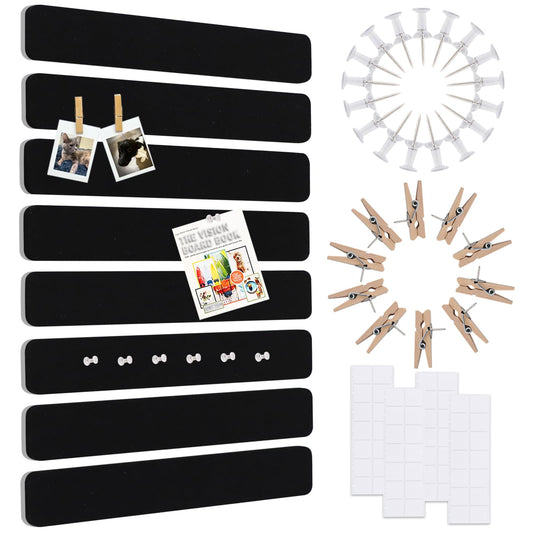 Vuzvuv 8 pcs Bulletin Board Bar Strips No Adhesive Backing with Glue Points ，Self Adhesive Cork Board for Wall，Felt Pin Board for School，Office Decor(Black)