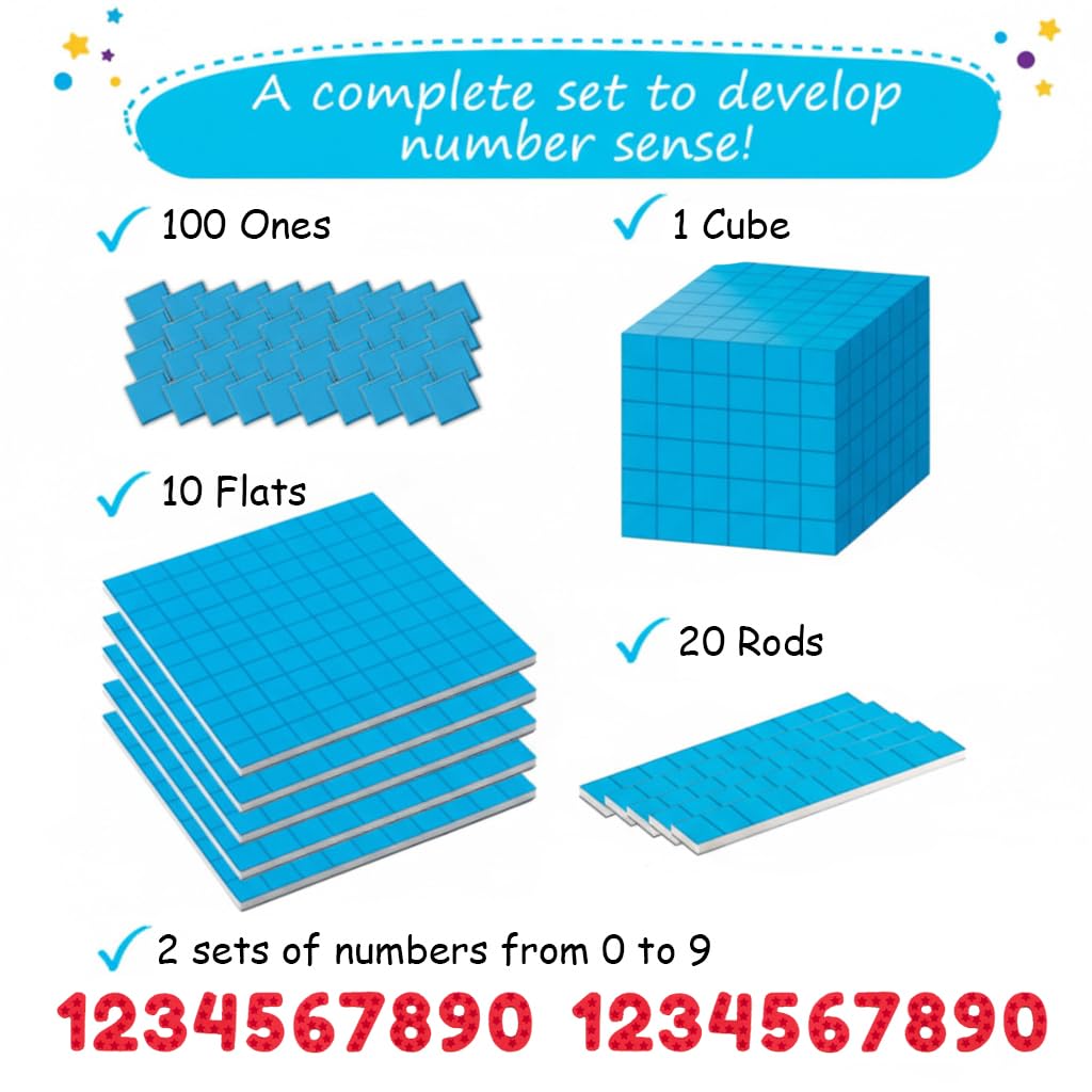 153 PCS Jumbo Magnetic Base Ten Blocks - Place Value Blocks - Math Manipulatives K-3 for Elementary Classroom, Number Blocks, Math Counters for Kids, Counting Cubes, Base 10 for 1st 2nd 3rd Grade