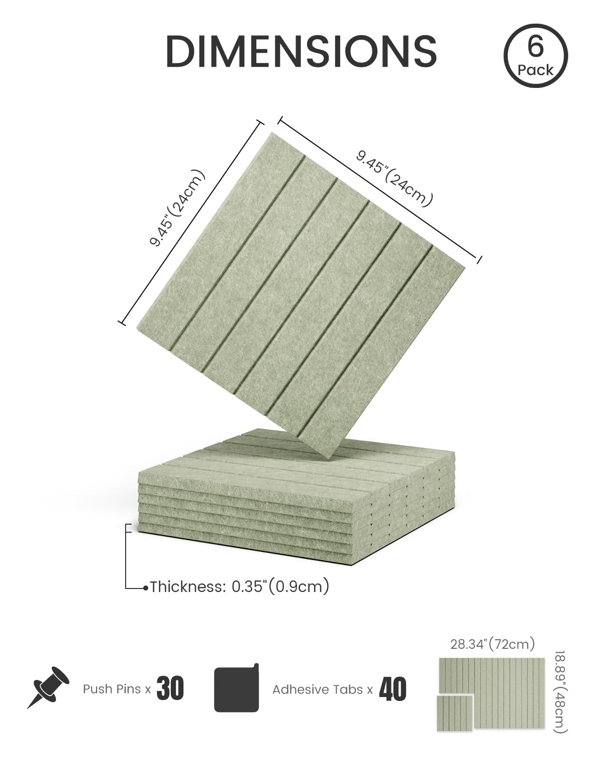 Felt Bulletin Board Tiles -28"x18" with 40 Adhesive Tabs, Cork Board Alternative for Office Decor, Push Pin Board Wall Organizer 6-Pack (Sage)
