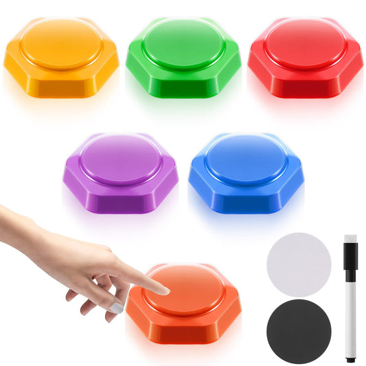 Honoson 6 Pack Recordable Answer Buzzers Voice Recording Buttons for Classroom with Reusable Transfer Stickers and Erasable Marker Pen Game Show Buzzers