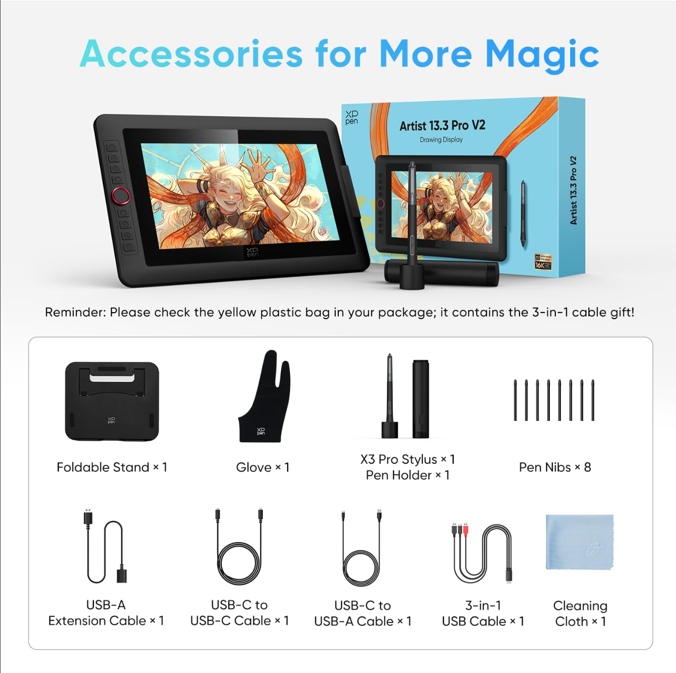 XP-PEN Artist 13.3 Pro V2 Drawing Tablet with Screen, 16K Pressure Sensitivity Digital Drawing Tablet for PC Mac Chromebook Android, Fully Laminated Graphic Tablet with Pen, Foldable Stand Included