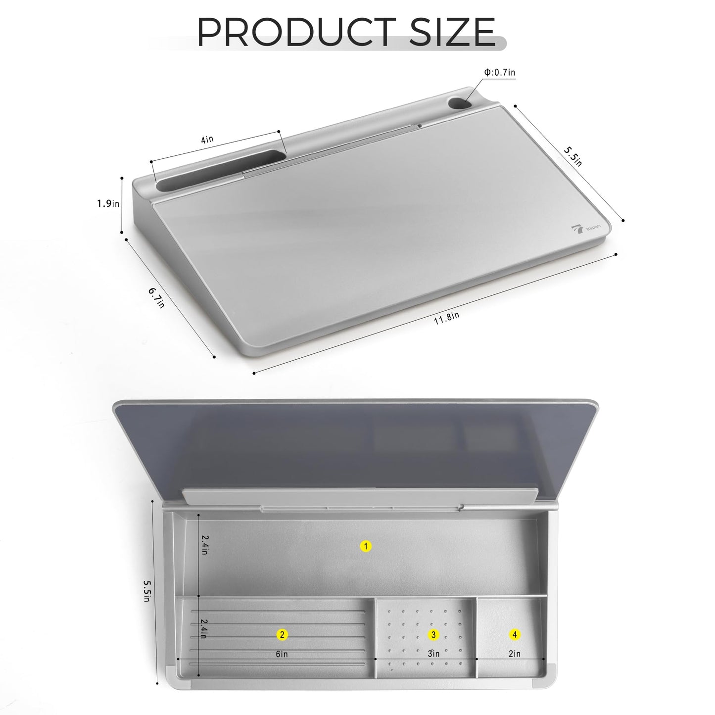 TOWON Small Compact Glass Desktop Whiteboard with Storage – 12 x 7 in Dry Erase Board for Desk, Home Office, School | Includes 5 Markers, Eraser & Holder | Space-Saving Organizer, Metallic Silver