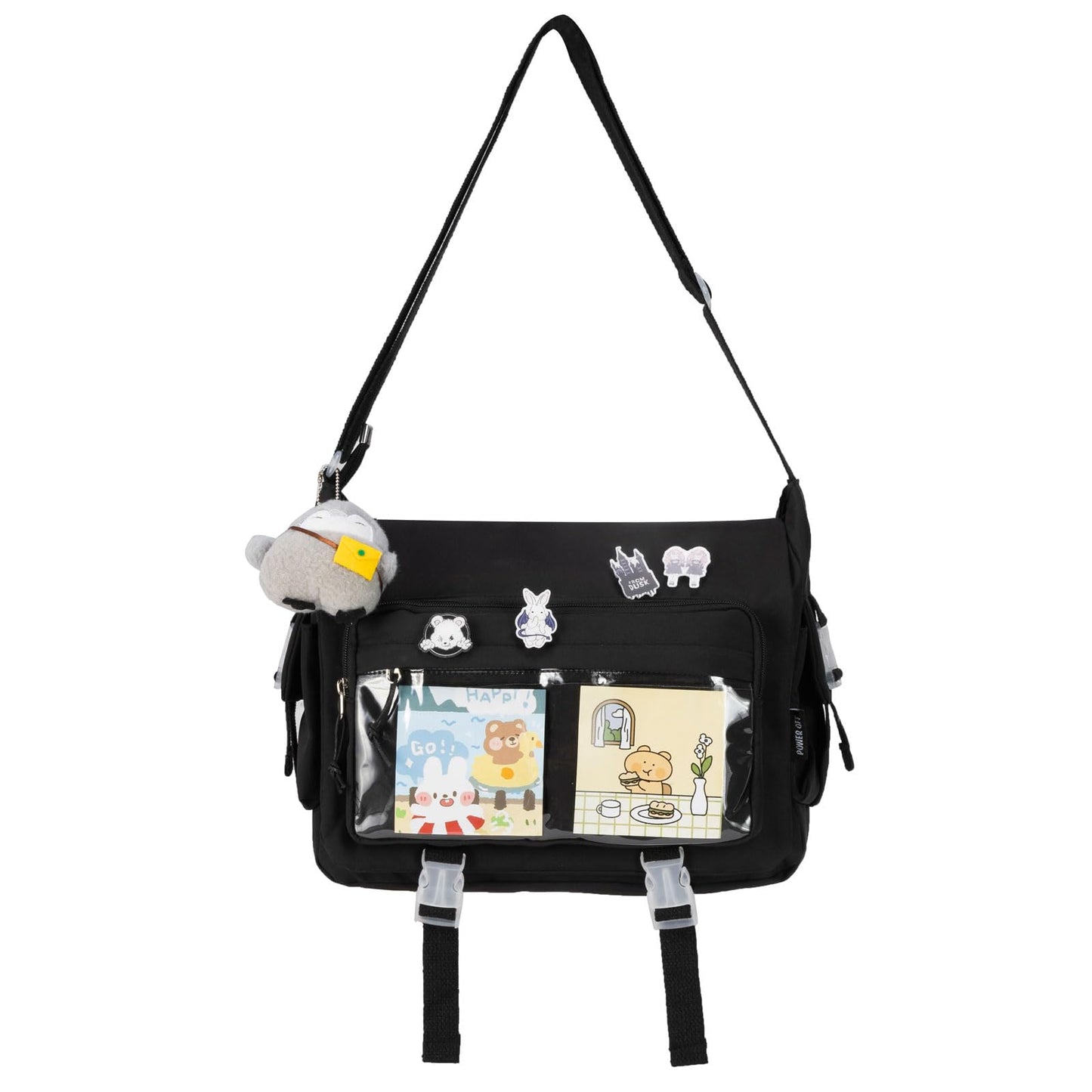 Kawaii Crossbody Ita Bag for Women with Pin and Plush Penguin, Cute Messenger Bag Japanese Crossbody Bag Y2K Purse Black Fit 15.6 Inch Laptop