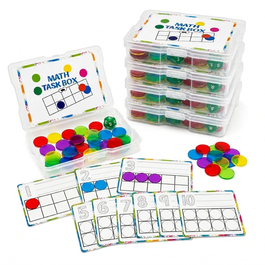 Math Task Boxes Set of 5 Math Manipulatives Themes 230+ Pieces of Number Rods, Base Ten Blocks, Ten Frame Disc Counters, Place Value Blocks, 0-9 Numbers, 3D Shapes, Activity Cards (Disc Counters)