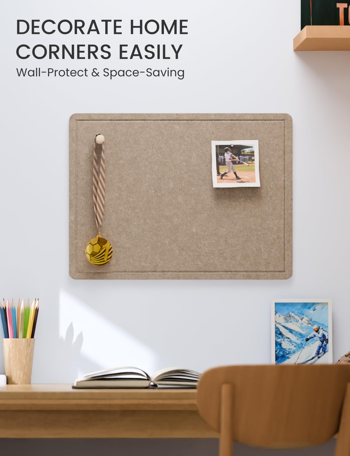 Fluxynara Bulletin Board, 23.6" x 17.5" Cork Board Alternative with 12 Safe Removable Adhesive Tabs, Foldable Felt Pin Board for Home Office, Classroom, Bedroom,Entryway for Walls—Taupe