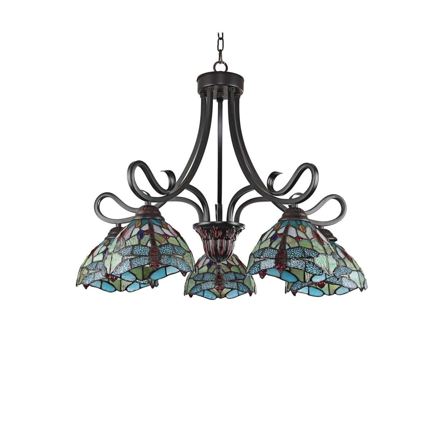 Chloe Lighting Empress Dragonfly Tiffany-Style Chandelier 5 Light 27in Wide Dark Bronze Multicolor Glass Model CH3T471GD27-DD5