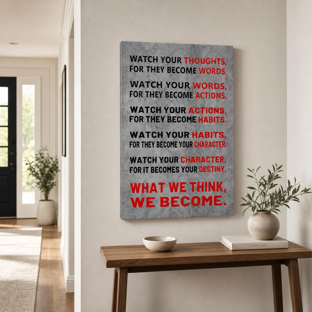 YSPCSUN Inspirational Posters for Office Watch Your Thoughts Quote, Gray Red Canvas Wall Decor for Home Office Dorm Classroom, Single Panel Framed Canvas Poster, 24x18 Inch