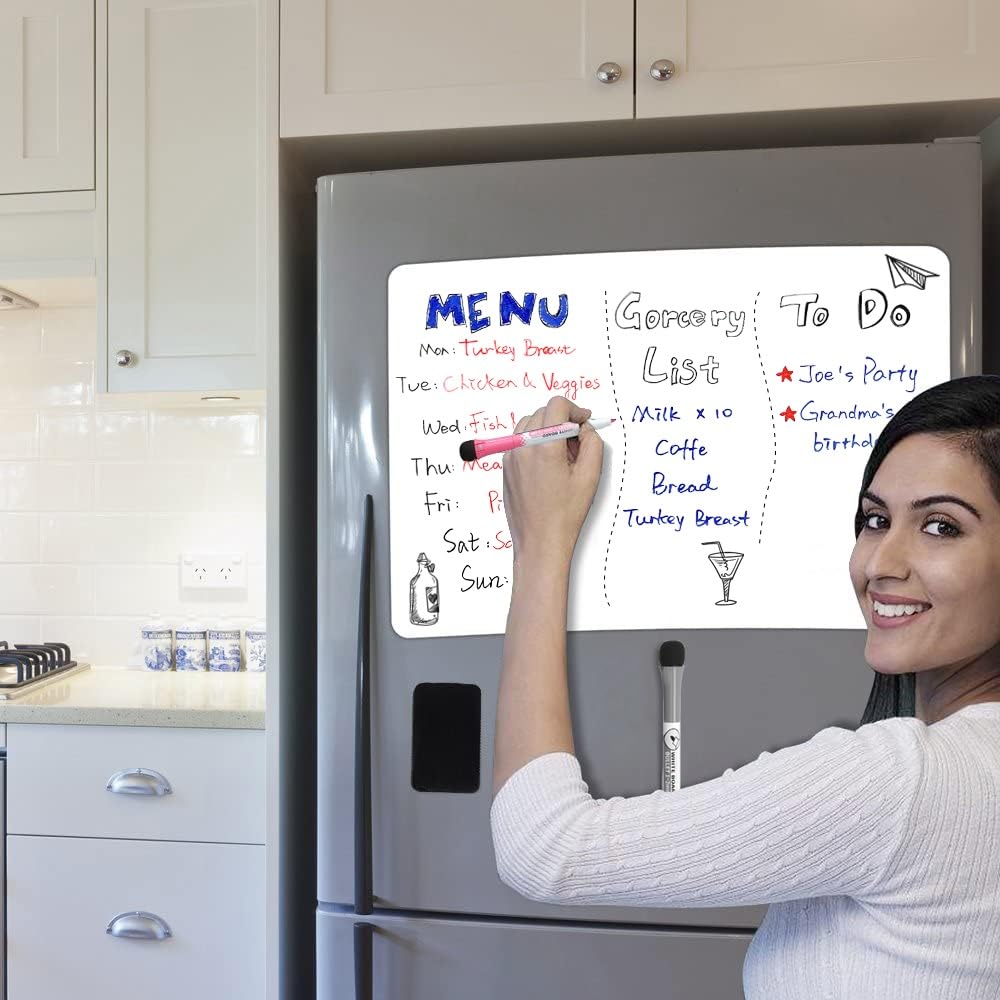 ANLIOTE Magnetic Dry Erase Board Fridge Whiteboard Sheet 17"x11", Easy to Write and Clean, Flexible Refrigerator White Board for Home Kitchen Memo Shopping List, 2 Marker Pens and Eraser with Magnets