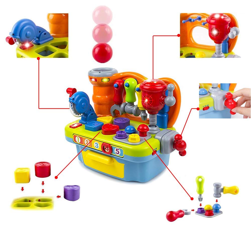 Yiosion Musical Learning Tool Workbench Toys for 1 Year Old Boy, One Year Old Boy Gifts, Toddler Tool Bench with Shape Sorter