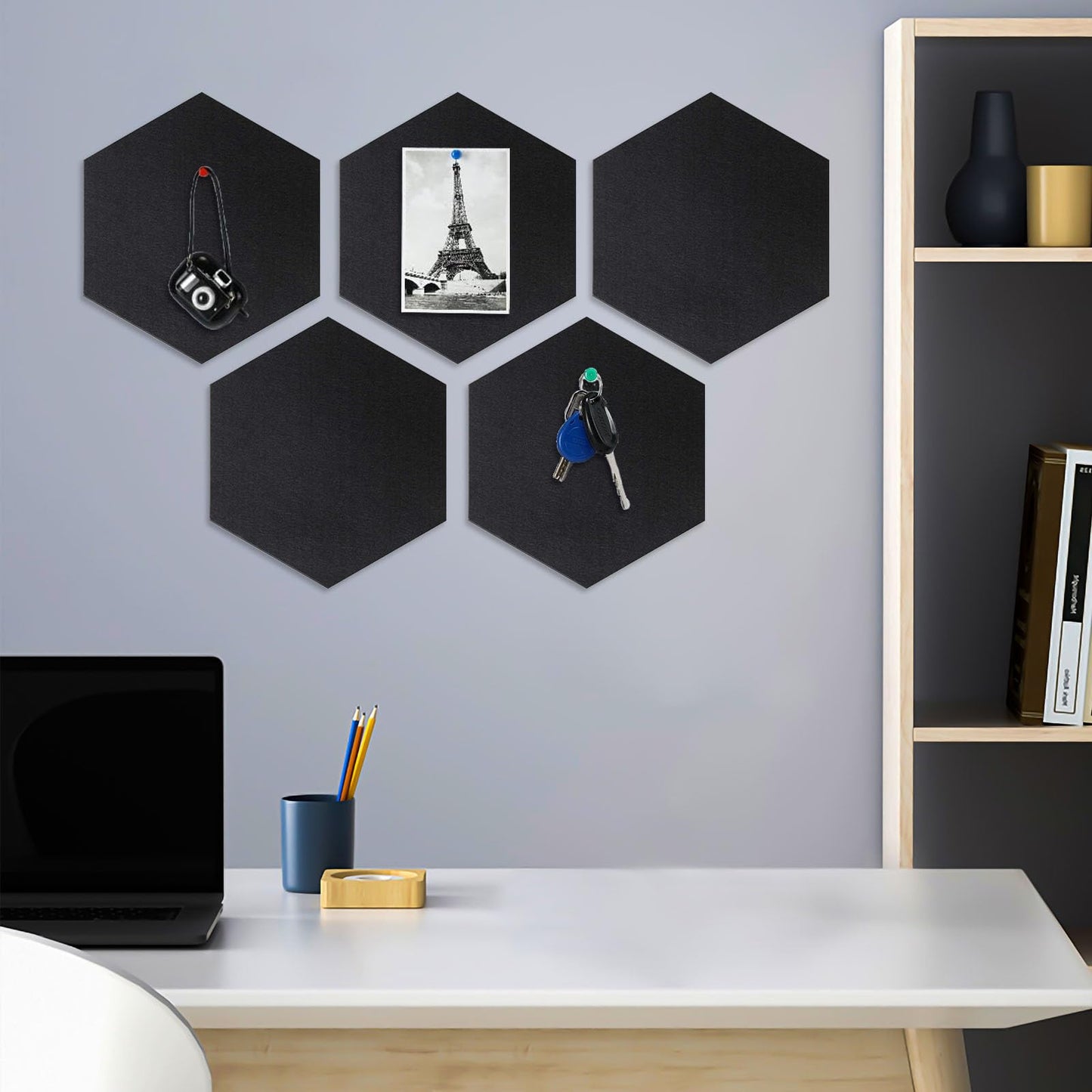 8 Packs White Hexagon Felt Pin Board, 12" Bulletin Board with 30 Push Pins, Felt Board for Home Kitchen Office Decor, Self-Adhesive Corkboard Tiles for Walls School Message Photos Memos