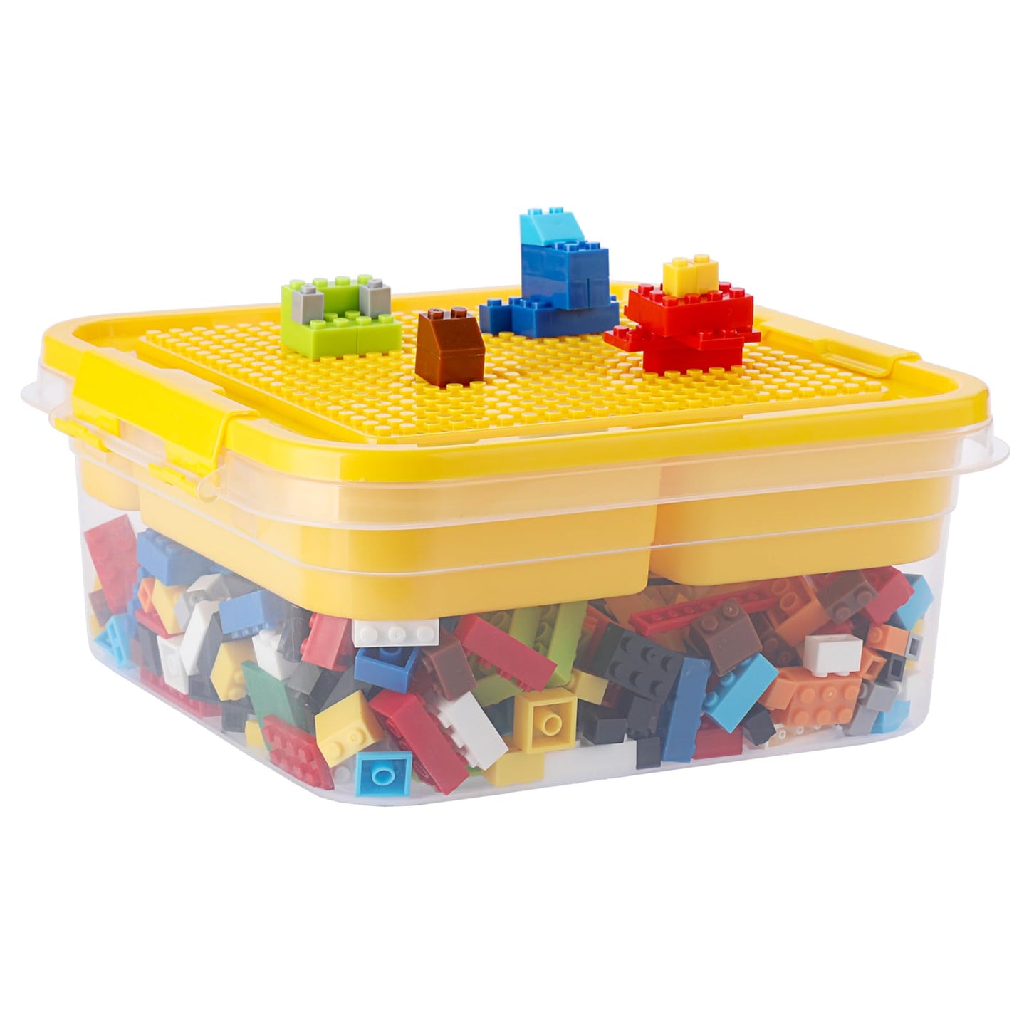 OGANAZI Plastic Storage Container with Bricks Baseplate Lid for Building Blocks, Bricks Building Set Organization Bin with Compartments Tray, Stackable Storage Box Building Block Chest Case (Yellow)