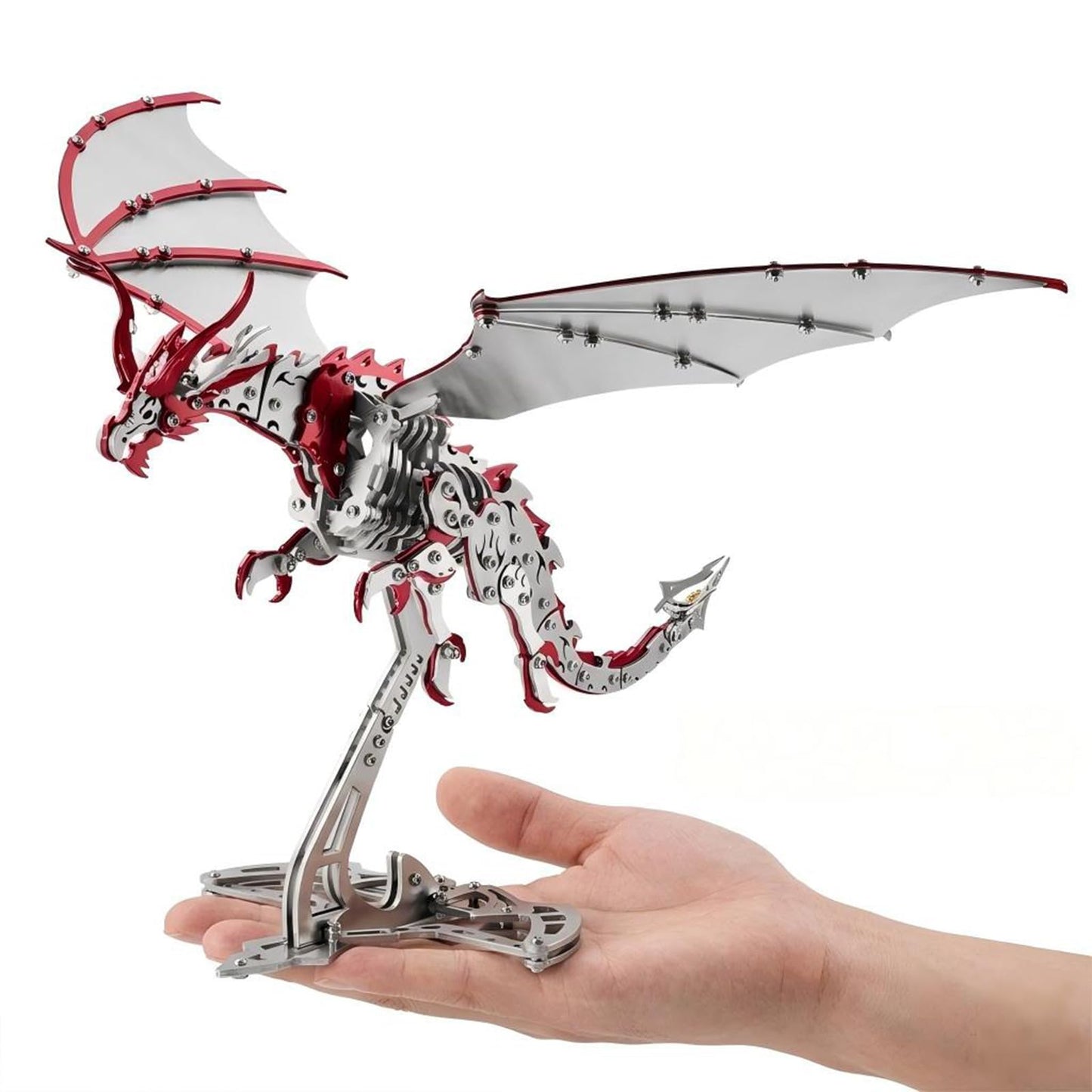 Dragon 3D Metal Puzzles for Adults, 373 PCS Stainless Steel DIY Mechanical Metal Model Kits,No Glue Assembly with Movable Joints,Challenging Metal Building Kit Desk Decor Gift(Silver Red Dragon)