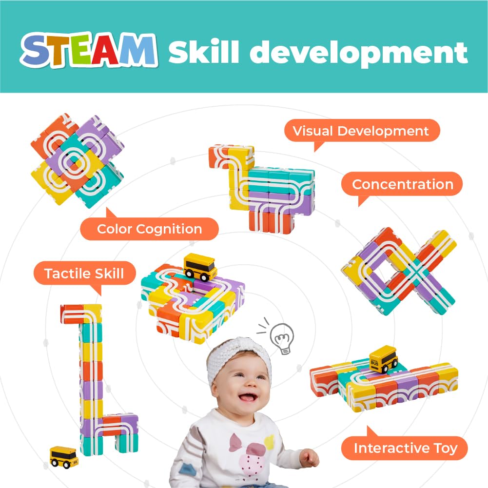 QBI Magnetic Blocks for Toddlers 1-3｜School Bus Toy Set with 12 Pastel Track Cubes｜STEM Montessori Educational Toys for 1 Year Old Boys & Girls｜Safe Large Building Bricks (13 Pieces Starter Pack)