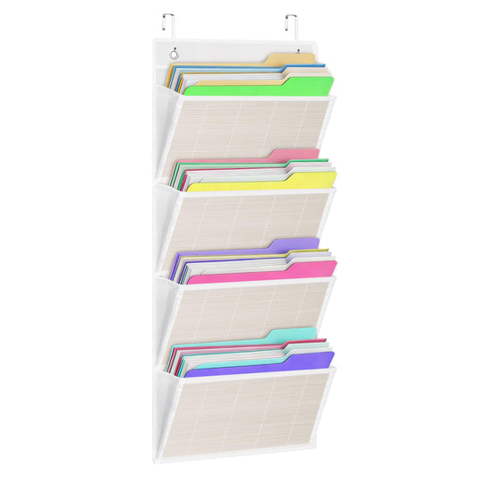 homyfort hanging wall file organizer, Over the door file folder organizer with 4 Large Bamboo Pockets, Suitable for Home, Office, Back to School Supplies Storage and Organization (White)