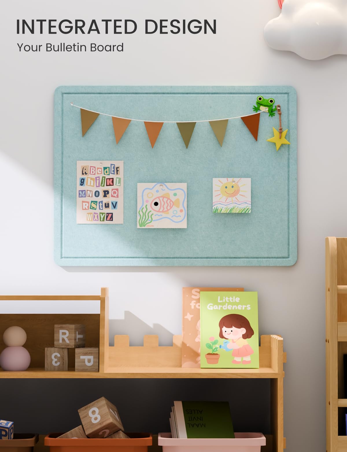 Fluxynara Bulletin Board, 23.6" x 17.5" Cork Board Alternative with 12 Safe Removable Adhesive Tabs, Foldable Felt Pin Board for Home Office, Classroom, Bedroom,Entryway for Walls—Aqua Blue