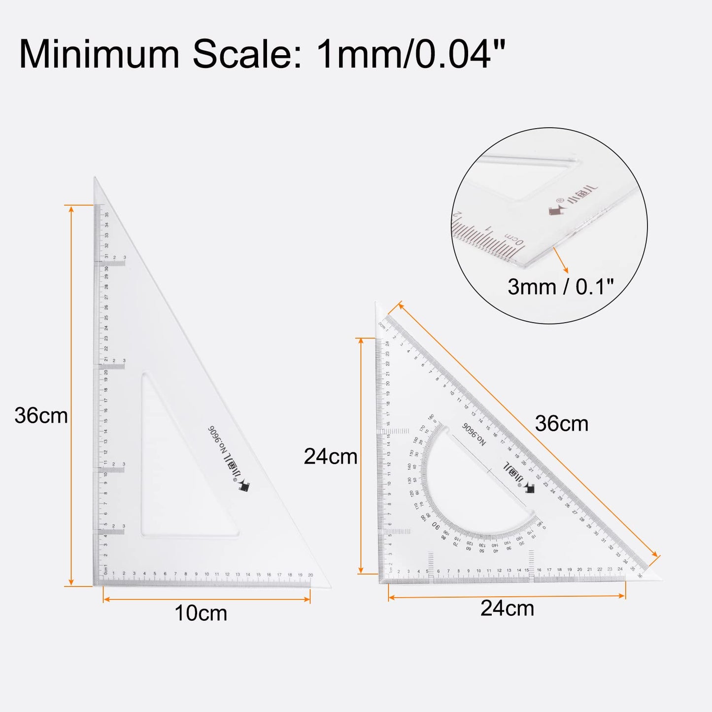 HARFINGTON 2piece Triangle Ruler Square Set 36cm 30/60 and 45/90 Degrees Measuring Tools for Classrooms Home Office, Transparent
